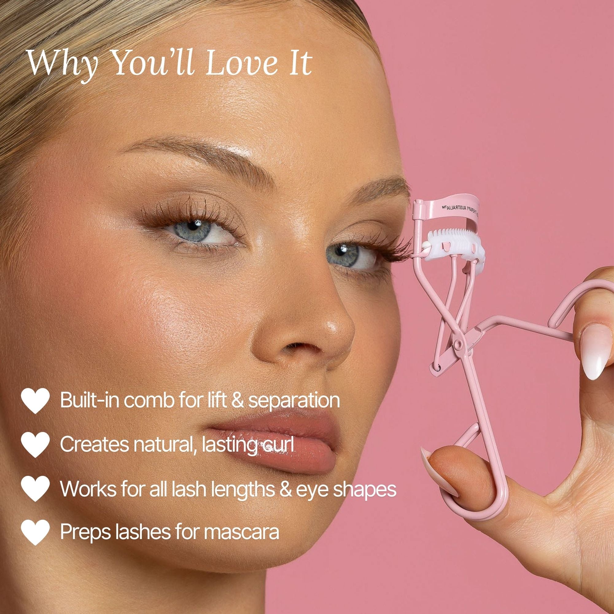 Model holding Lash Therapy Australia eyelash curler showing lifted separated lashes and natural curl
