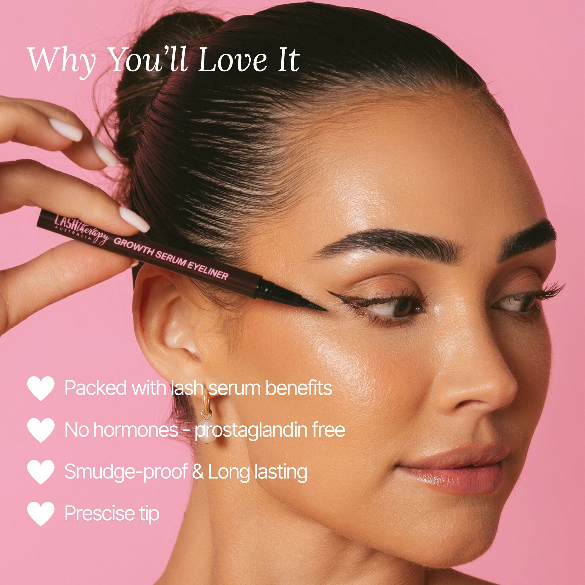 Model applying Lash Therapy Australia Growth Serum Eyeliner with precision liquid liner applicator brown