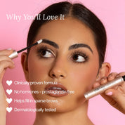 Model applying Lash Therapy Australia eyebrow growth serum highlighting clinically proven brow formula.